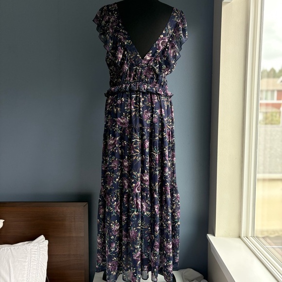 MELLODAY Floral Chiffon Midi Maxi Deep V-neck Flutter Sleeve Dress w Pockets - Picture 13 of 17